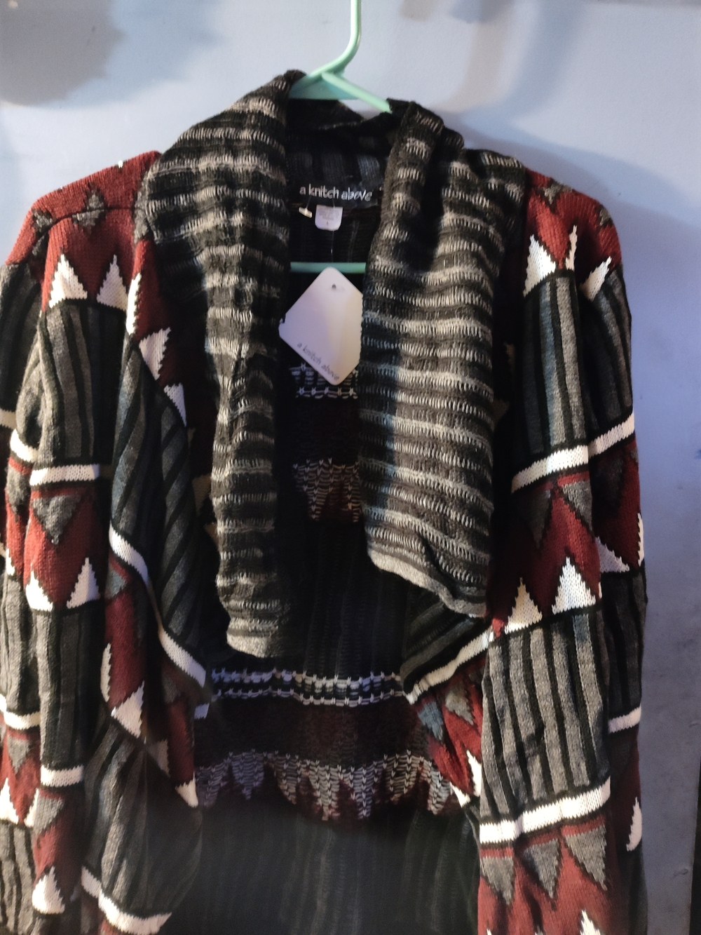 A Krich Above Open-Front Aztec Cardigan Sweater - Black & Burgundy